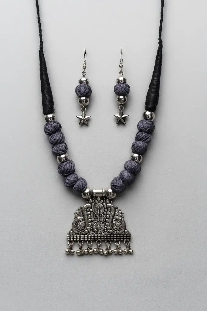 Oxidised gray cotton thread necklace