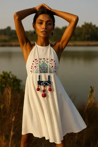 Indigo fabric necklace